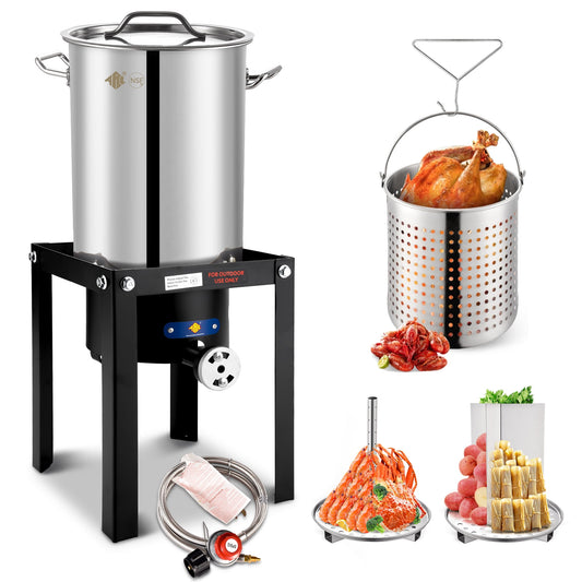 32QT Turkey Fryer Stainless Steel Stock Pot & 55,000 BTU Propane Burner Outdoor Deep Fryer, Stainless Steel Crawfish Boil Pot with Basket and Steamer Rack
