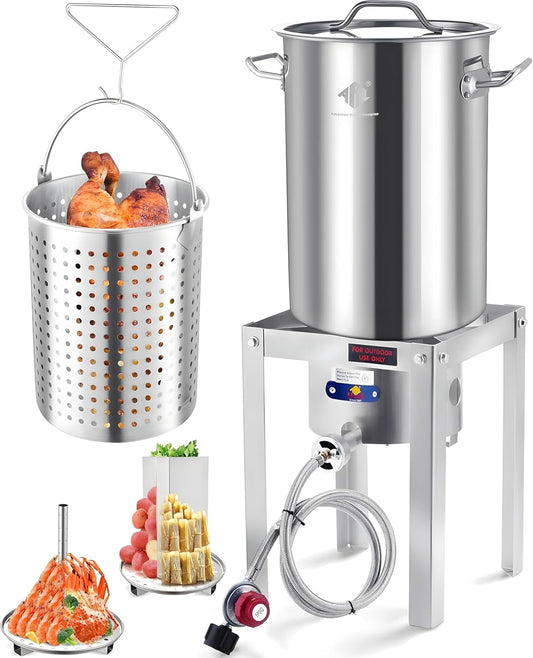 32QT Turkey Fryer Stainless Steel Stock Pot & Stainless Steel Propane Burner Outdoor Deep Fryer, Crawfish Boiler with Basket