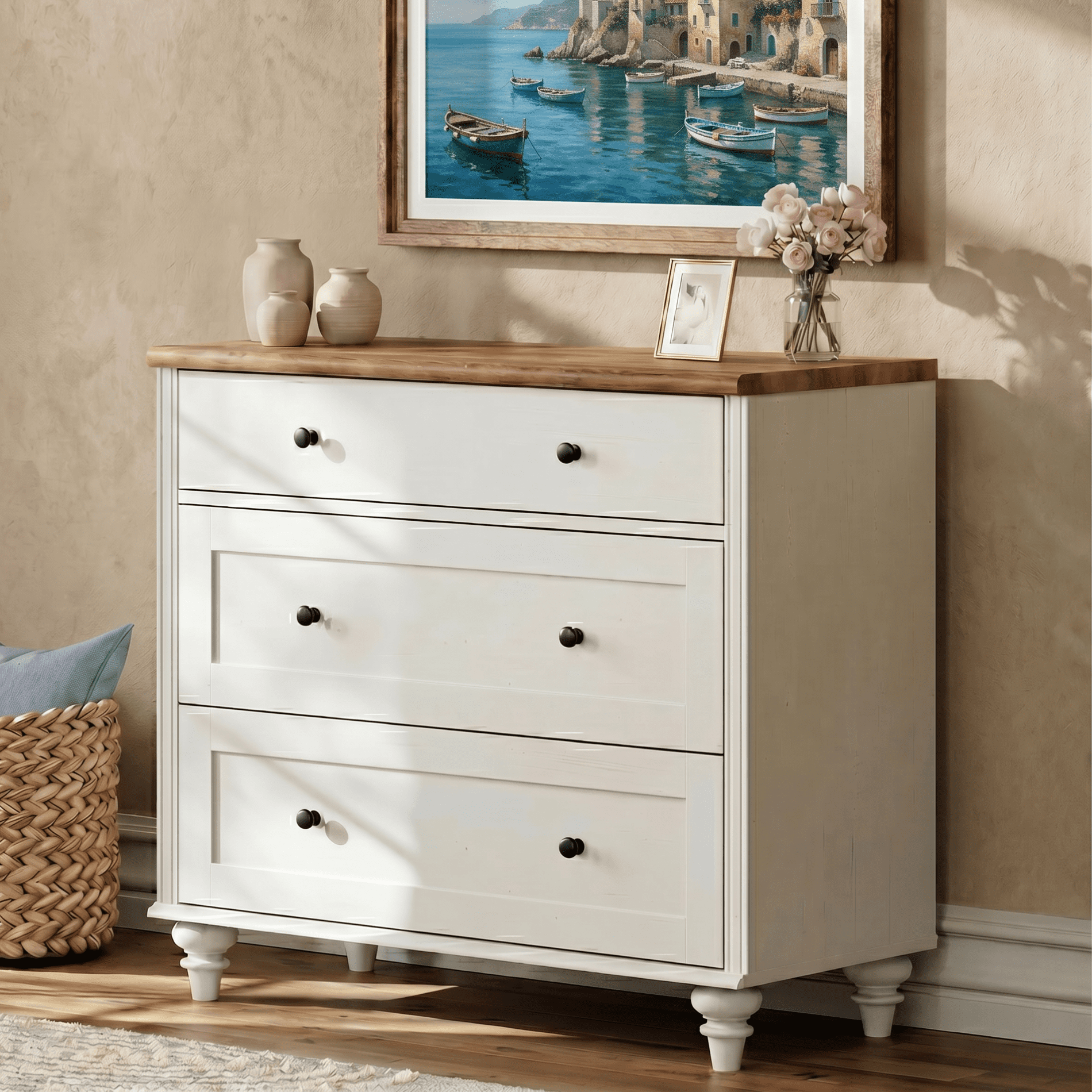 34" Dresser Cabinet with 3 Drawers, Mid-Century Modern Wooden Bedroom Closet Storage Organizer, Farmhouse Small Dressers Suitable for Living Room, Nursery, and Hallway, White