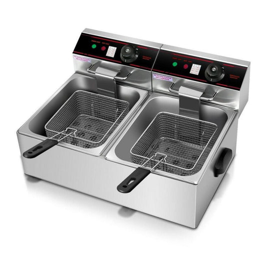 3400W Dual Tank Electric Deep Fryer, 12.8QT Stainless Steel Countertop Fryer with Baskets & Lid, Commercial/Home Use, Temperature Control 160-375°F, 2 Tanks for Restaurant & Family