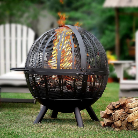 35 Inch Fire Pit Sphere, Outdoor Wood Burning Flaming Ball FirePit with Pivot Spark Screen, Backyard Patio Camping Beach Bonfire Pit