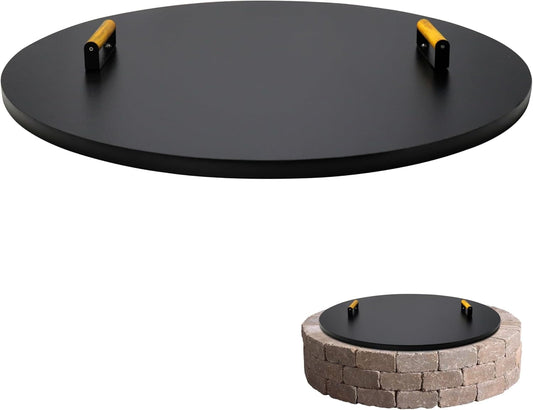 36" Firepit Lid - 2mm Thick Rust Resistant Powder Coated Carbon Steel Fire Pit Cover Round with 2 Ergonomic Wooden Handles - Compatible for Fire Pit Inside Dia Up to 34"