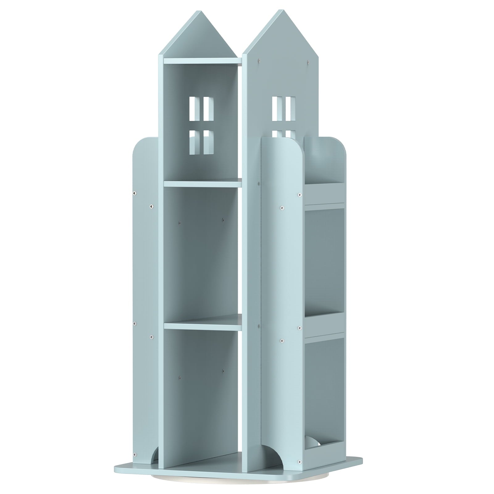 360Â° Rotating Kids Bookshelf, Blue Engineered Wood House-Shaped Bookcase, 38in Tall Storage Organizer for Bedroom, Playroom, Living Room