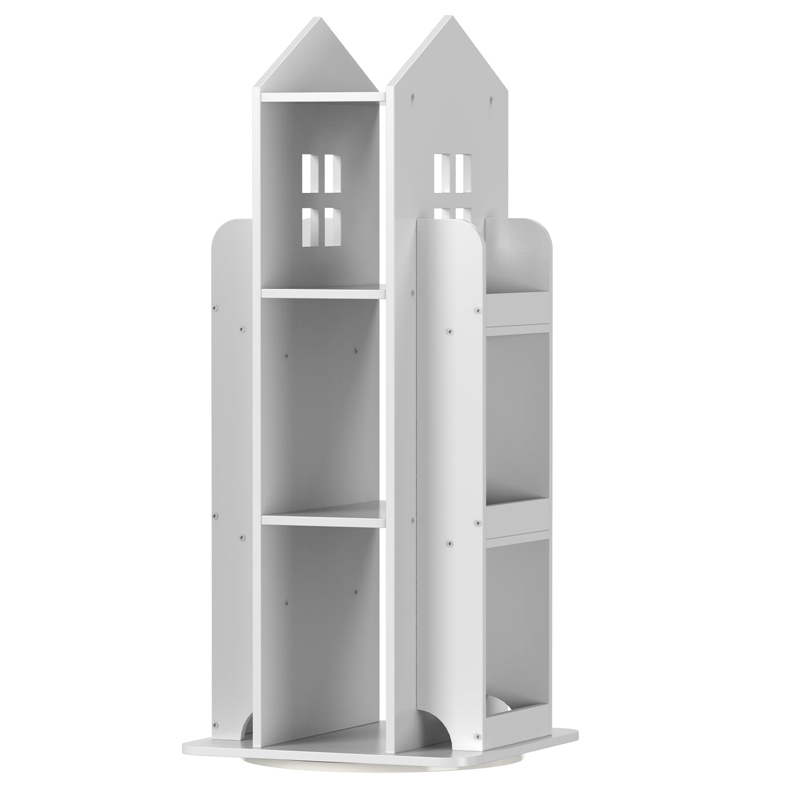 360Â° Rotating Kids Bookshelf, White Engineered Wood House-Shaped Bookcase, 38in Tall Storage Organizer for Bedroom, Playroom, Living Room