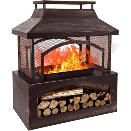 37in Outdoor Wood Burning Fireplace,2-in-1 Large Fire Pit,Durable Rectangular Freestanding Metal Fire Pit with Firewood Racks and Fire Poker, Ideal for Patio, Garden and Backyard