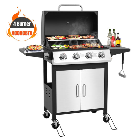 Enyopro 4 Burner Propane Gas Grill, 40,000BTU Stainless Steel BBQ Grill with Brush, Built-in Thermometer, 4 Universal Wheels with Brake for Outdoor Cooking Patio Backyard