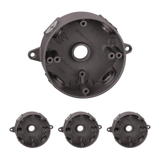 4 Pack 4 Inch Round Outdoor Electrical Box with Cover, Die-Cast Aluminum, IP65 Weatherproof, Six 1/2-Inch Knockouts, UL Listed, 16 Cubic Inch, Brown