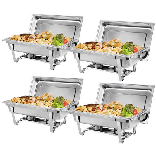 4 Pack of 8 Quart Stainless Steel Chafer Chafing Dish Buffet Set W/Water Pan, Food Pan, Fuel Holder Silver