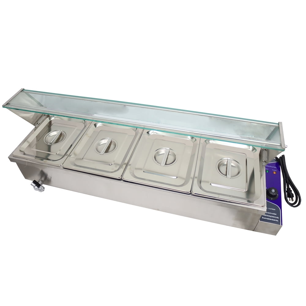 4 Pan Commercial Food Soup Warmers Electric Buffet Food Warmer Single Row Glass Shield
