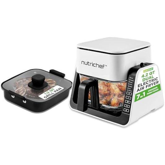 4 QT Air Fryer & Grill | 8-1 Preset Cook Modes | Transparent Fry Bowl for Best Cooking Results | Cook Shrimp, Steak, Fries, Wings & More | 4 QT Glass Air Fryer & 1.2 QT Grill