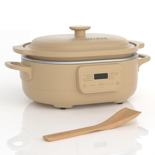 4 Quart Claypot Multi-Cooker with 8-in-1 Casserole Programmable Slow Cooker, Dutch Oven, Pasta, Nonstick Oven Safe Pot to 450°F, Brown