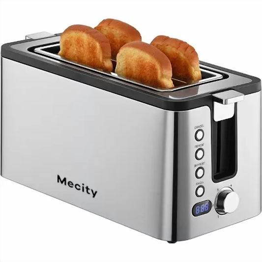 4-Slice Long Slot Toaster - Stainless Steel, 1300W, 6 Browning Settings, with Warming Rack & Removable Crumb Tray (Silver/Grey & Gold)
