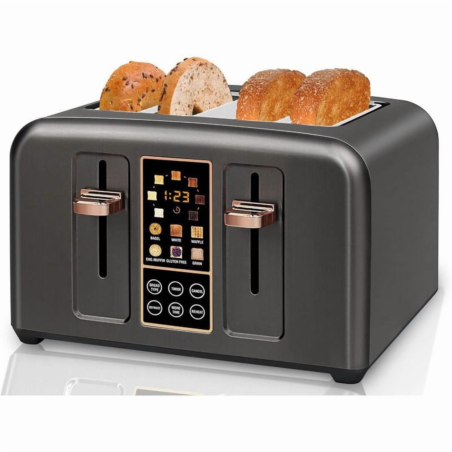 4 Slice Stainless Steel Toaster for Home Kitchen, 1.4'' Wide Slots, LCD Display, Touch Buttons, 6 Bread Selection, 7 Shade Settings, Cancel/Defrost/Reheat Functions, Removable Crumb Tray, 1800W Multi