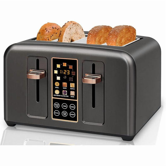 4 Slice Stainless Steel Toaster for Home Kitchen, 1.4'' Wide Slots, LCD Display, Touch Buttons, 6 Bread Selection, 7 Shade Settings, Cancel/Defrost/Reheat Functions, Removable Crumb Tray, 1800W Multi