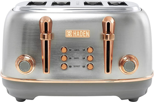 4 Slice Wide Slot Stainless Steel Toaster with Adjustable Browning Control & Non-Slip Feet, Steel & Copper