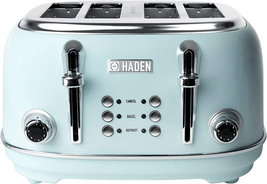4 Slice Wide Slot Stainless Steel Toaster with Adjustable Browning Control & Non-Slip Feet, Turquoise & Chrome