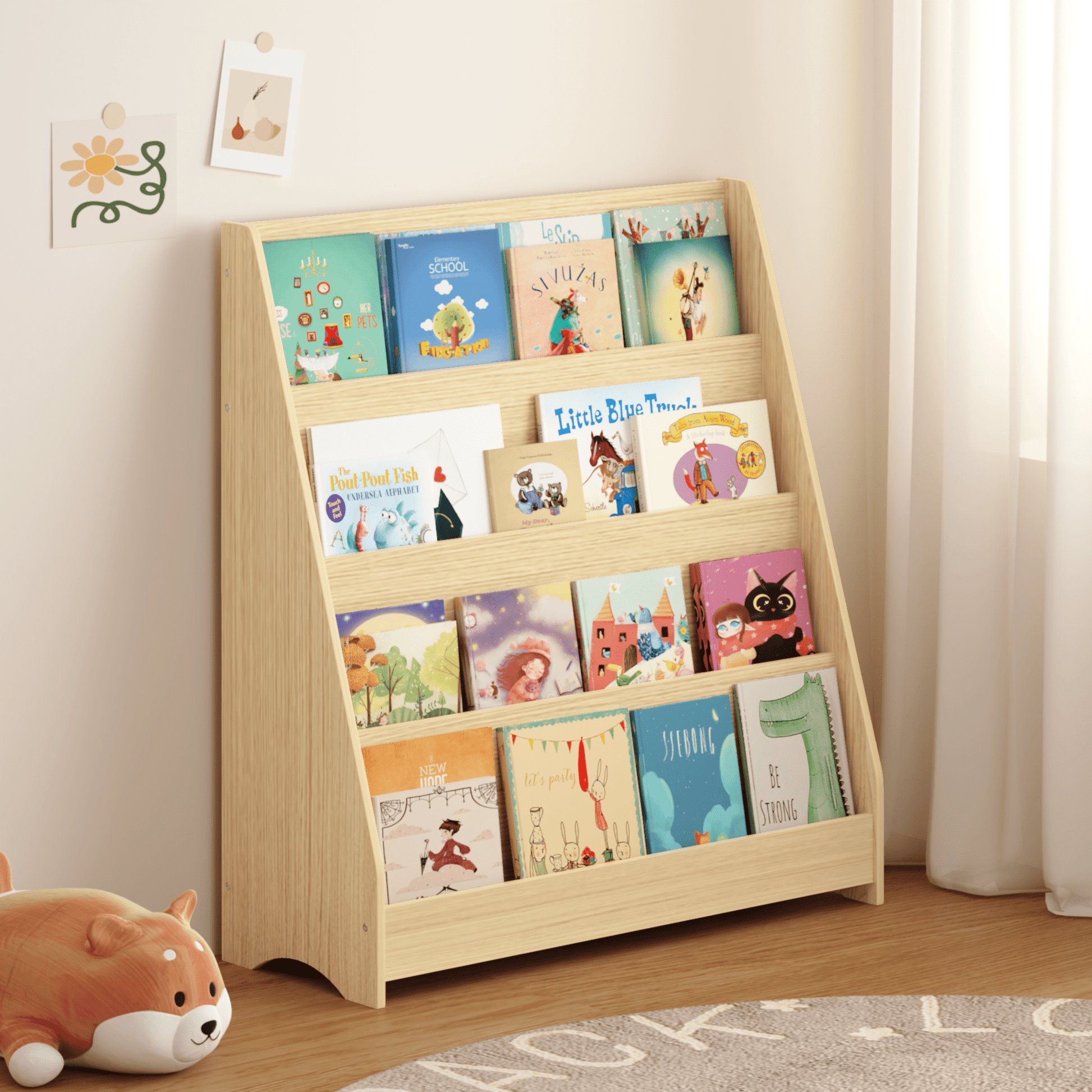 4-Tier Kids Bookshelf, Toddler Book Display Shelf, Natural Wood Tone, Toy & Book Organizer for Bedroom Playroom Classroom