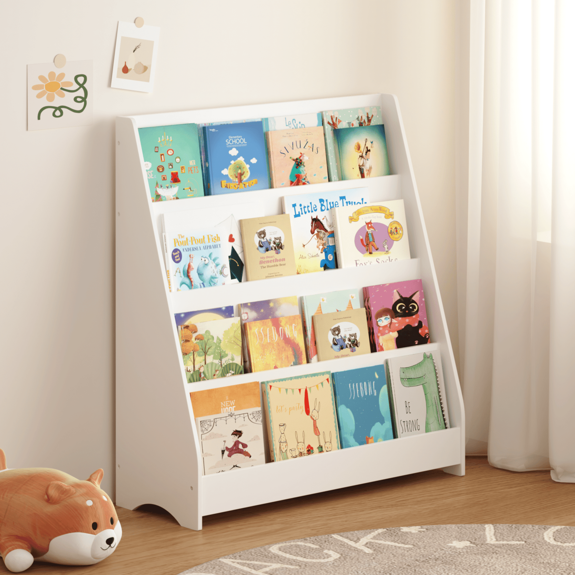 4-Tier White Kids Bookshelf, Toddler Book Display Shelf, Toy & Book Organizer for Bedroom Playroom Classroom