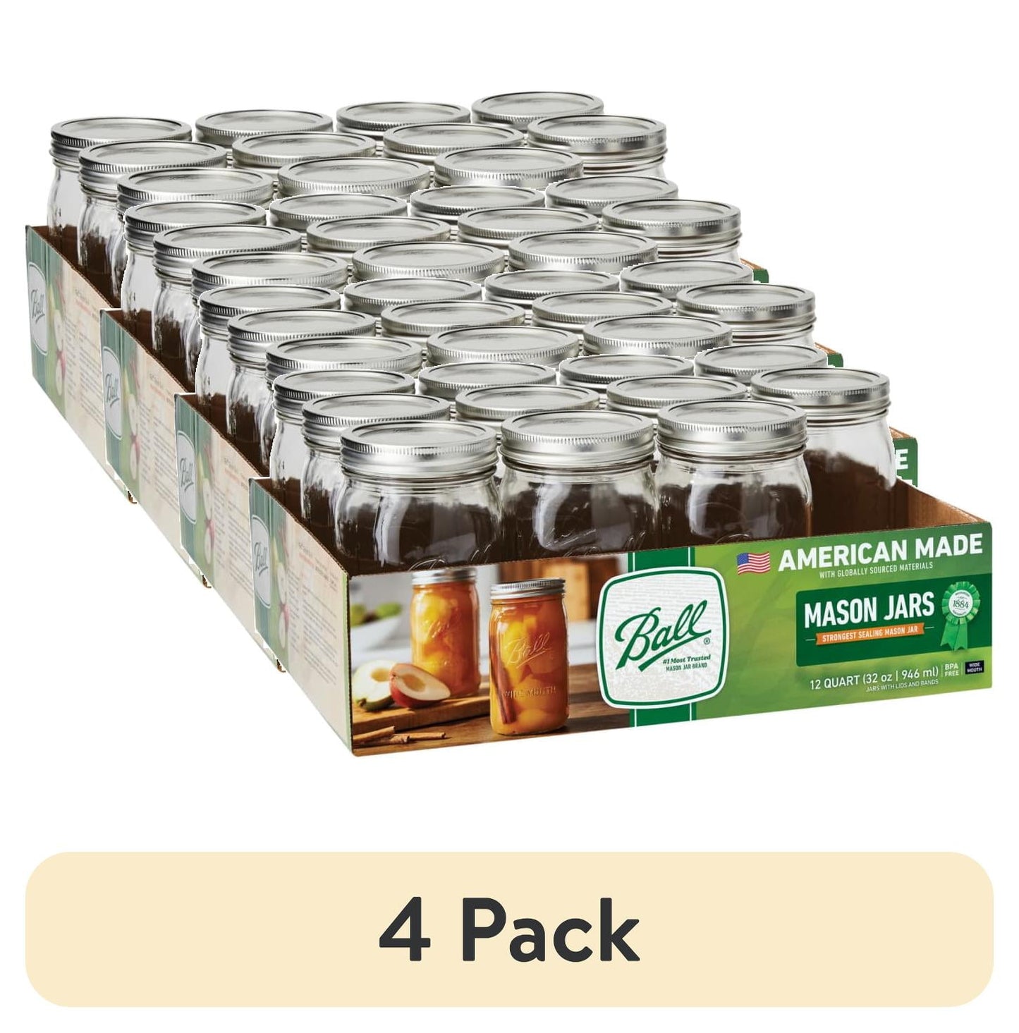 (4 pack) BallWide Mouth Quart 32oz. Glass Mason Jars with Lids and Bands, 12 Count