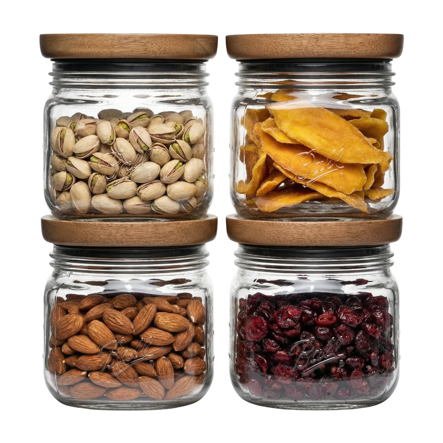(4 pack) Ball 4 Cup Stack & Store Glass Jar with Acacia Wood Lid â€“ Airtight Wide Mouth Glass Storage Container for Pantry, Kitchen, and Countertop Organization