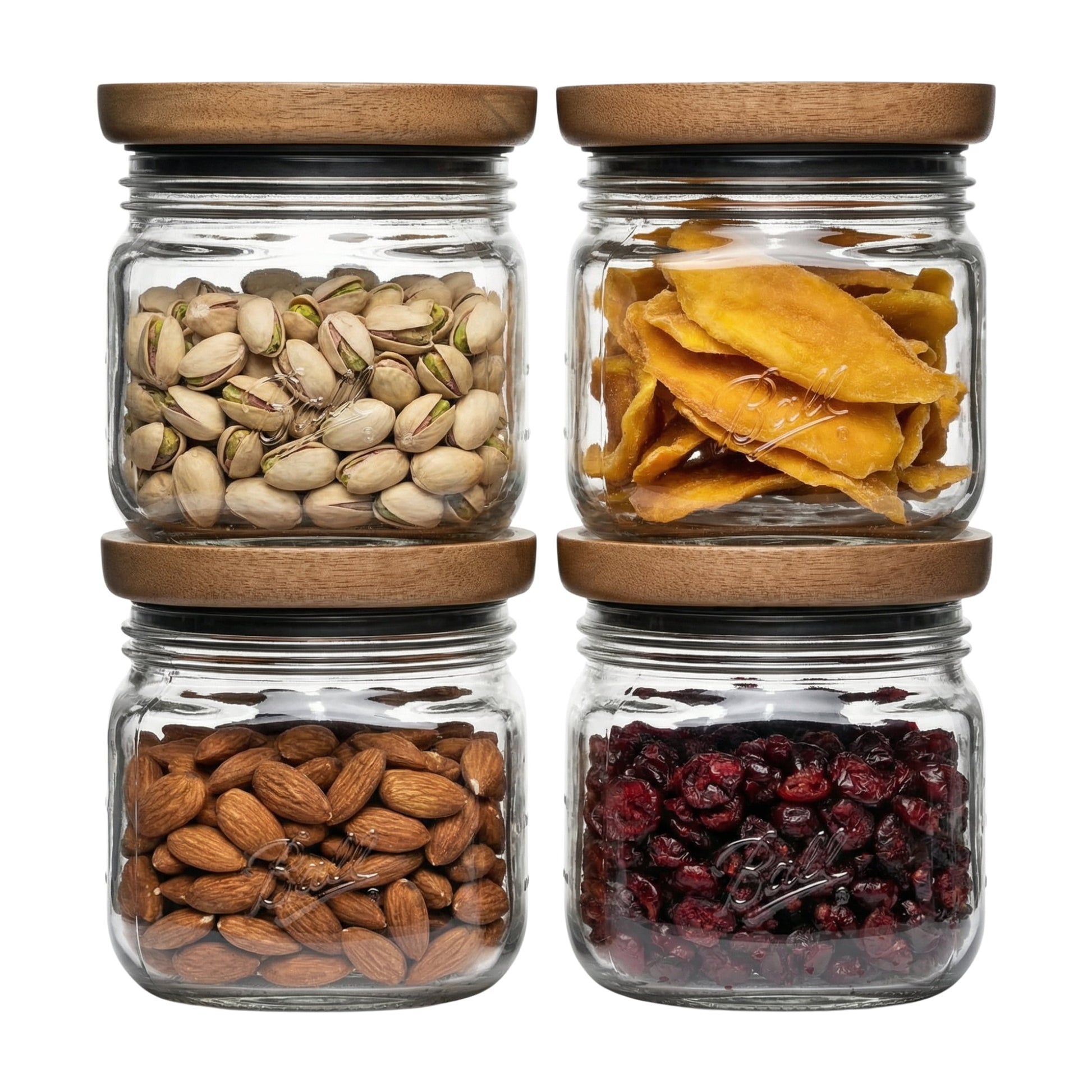 (4 pack) Ball 4 Cup Stack & Store Glass Jar with Acacia Wood Lid â€“ Airtight Wide Mouth Glass Storage Container for Pantry, Kitchen, and Countertop Organization