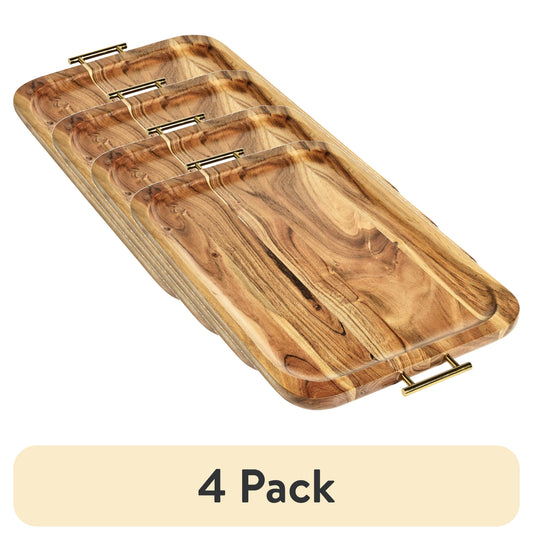 (4 pack) Better Homes & Gardens- Bandeja Rectangular de Madera de Acacia con Asas de Color Dorado, Talla Ãšnica