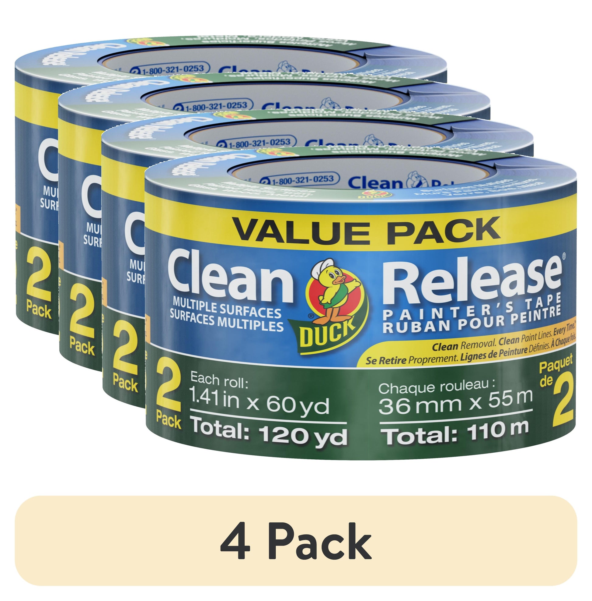 (4 pack) Duck Clean Release 1.41 in. x 60 yd. Blue Painter's Tape, 2 Rolls