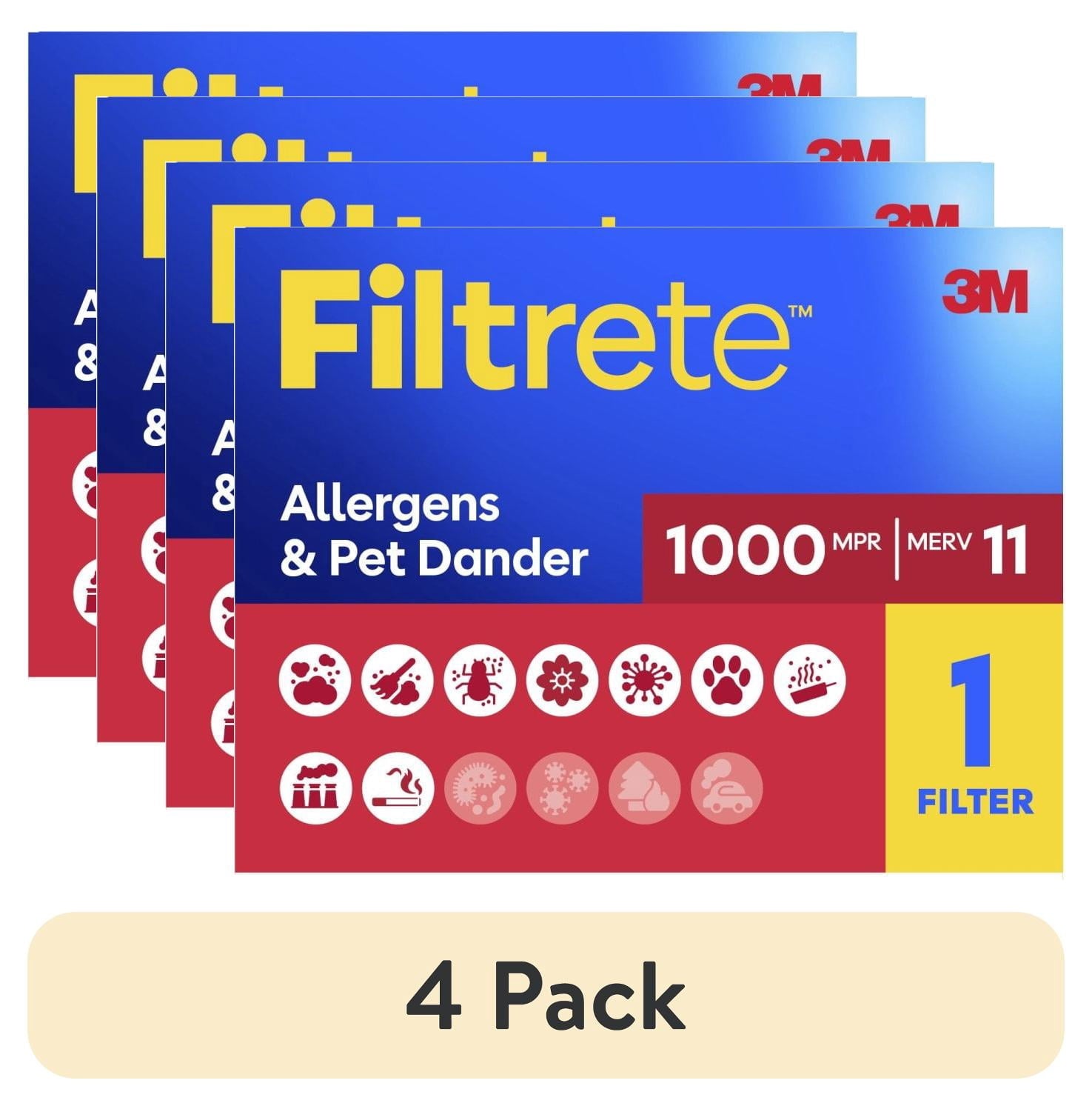 (4 pack) Filtrete 16x25x1 HVAC Furnace Air Filter, MPR 1000 MERV 11, Allergens & Pet Dander, 1 Filter