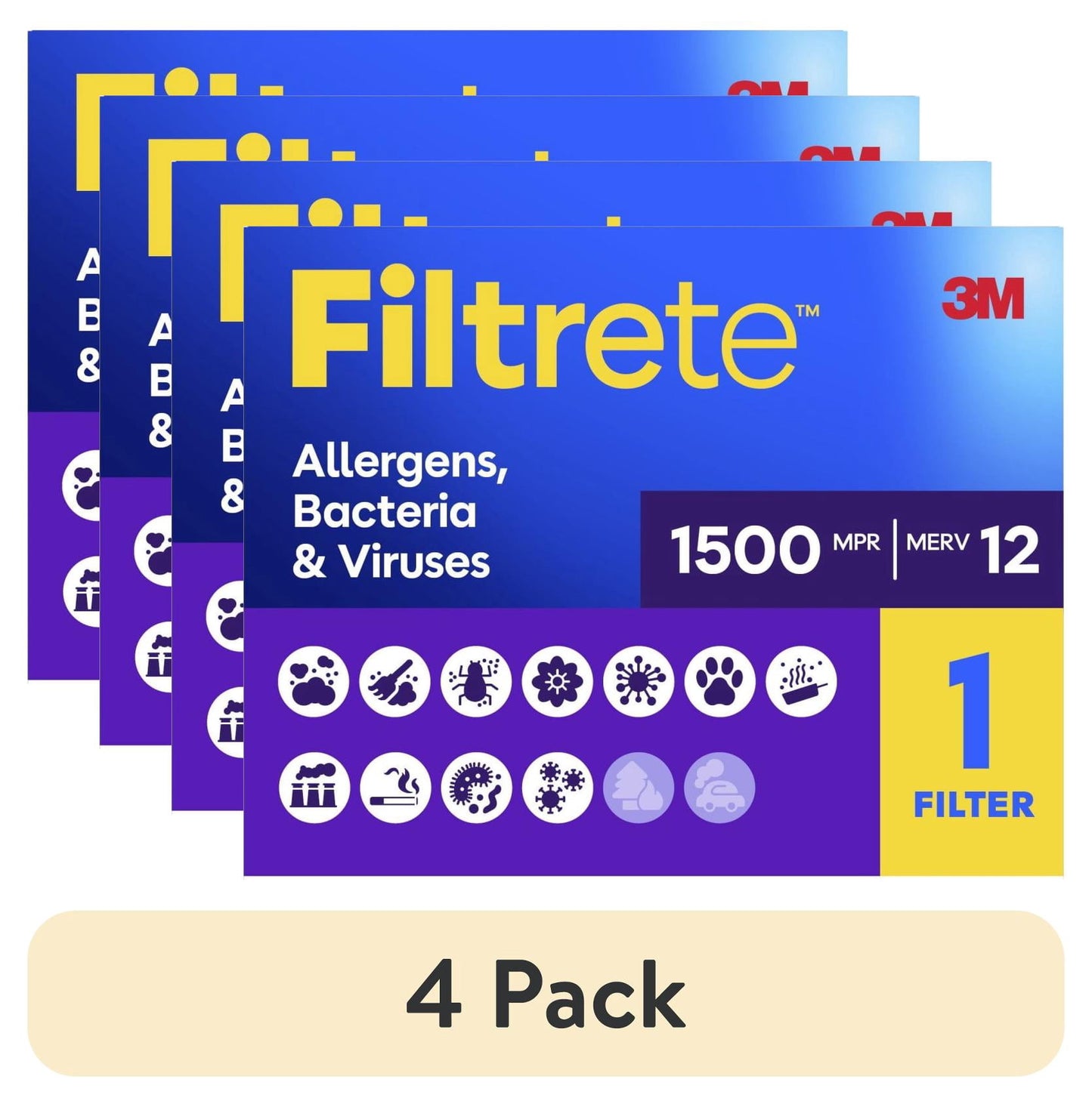 (4 pack) Filtrete 20x25x1 HVAC Furnace Air Filter, MPR 1500 MERV 12, Allergens, Bacteria & Viruses, 1 Filter