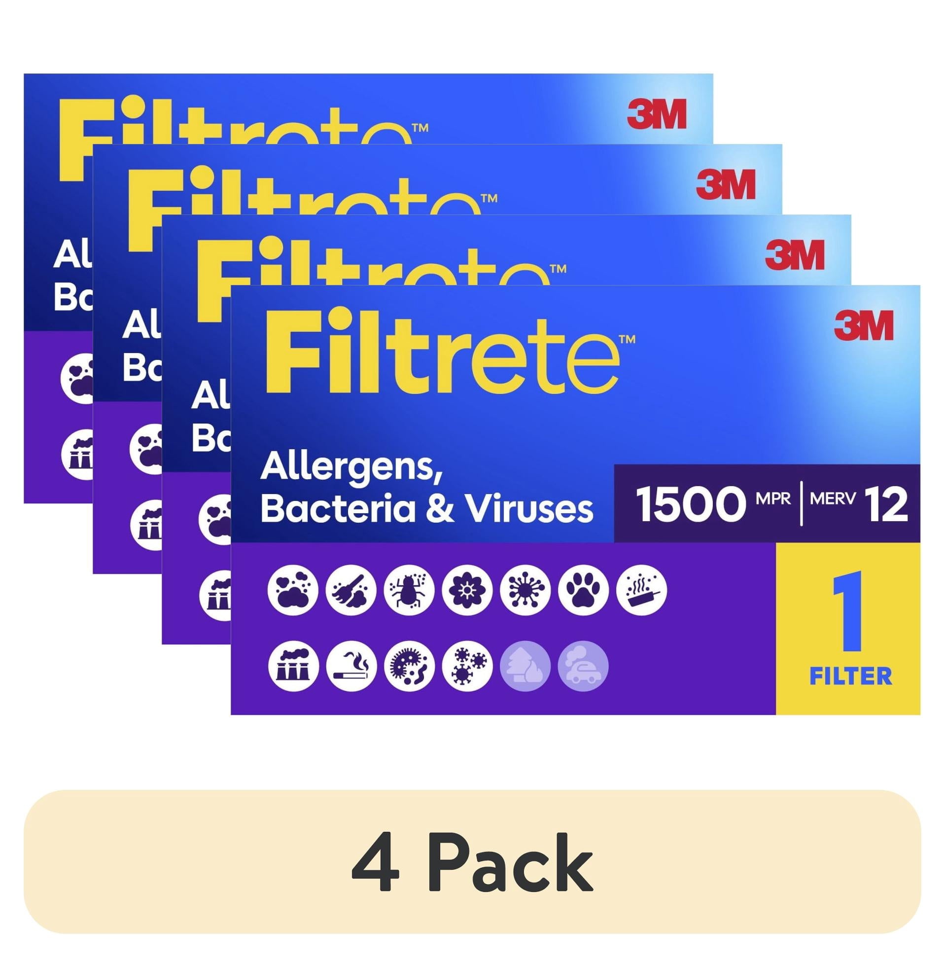 (4 pack) Filtrete 24x24x1 HVAC Furnace Air Filter, MPR 1500 MERV 12, Allergens, Bacteria & Viruses, 1 Filter