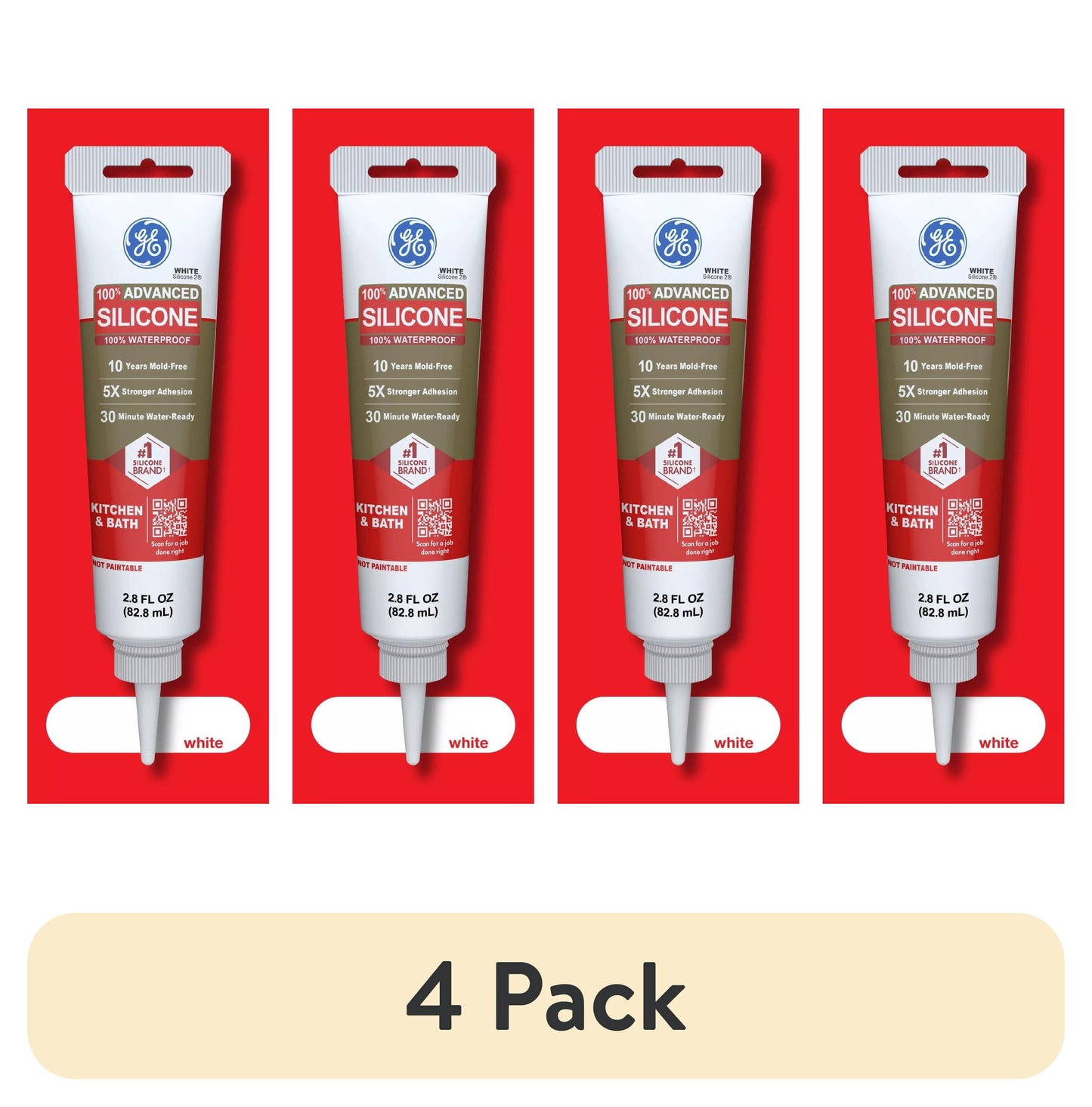 (4 pack) GE Advanced Silicone Kitchen & Bath Sealant, Pack of 1, White 2.8 fl oz Tube