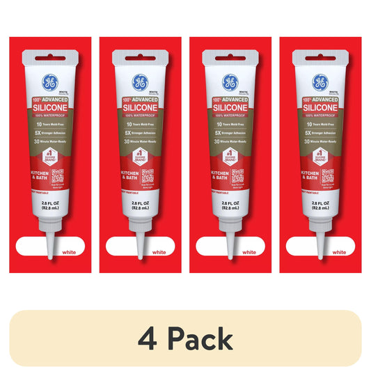 (4 pack) GE Advanced Silicone Kitchen & Bath Sealant, Pack of 1, White 2.8 fl oz Tube