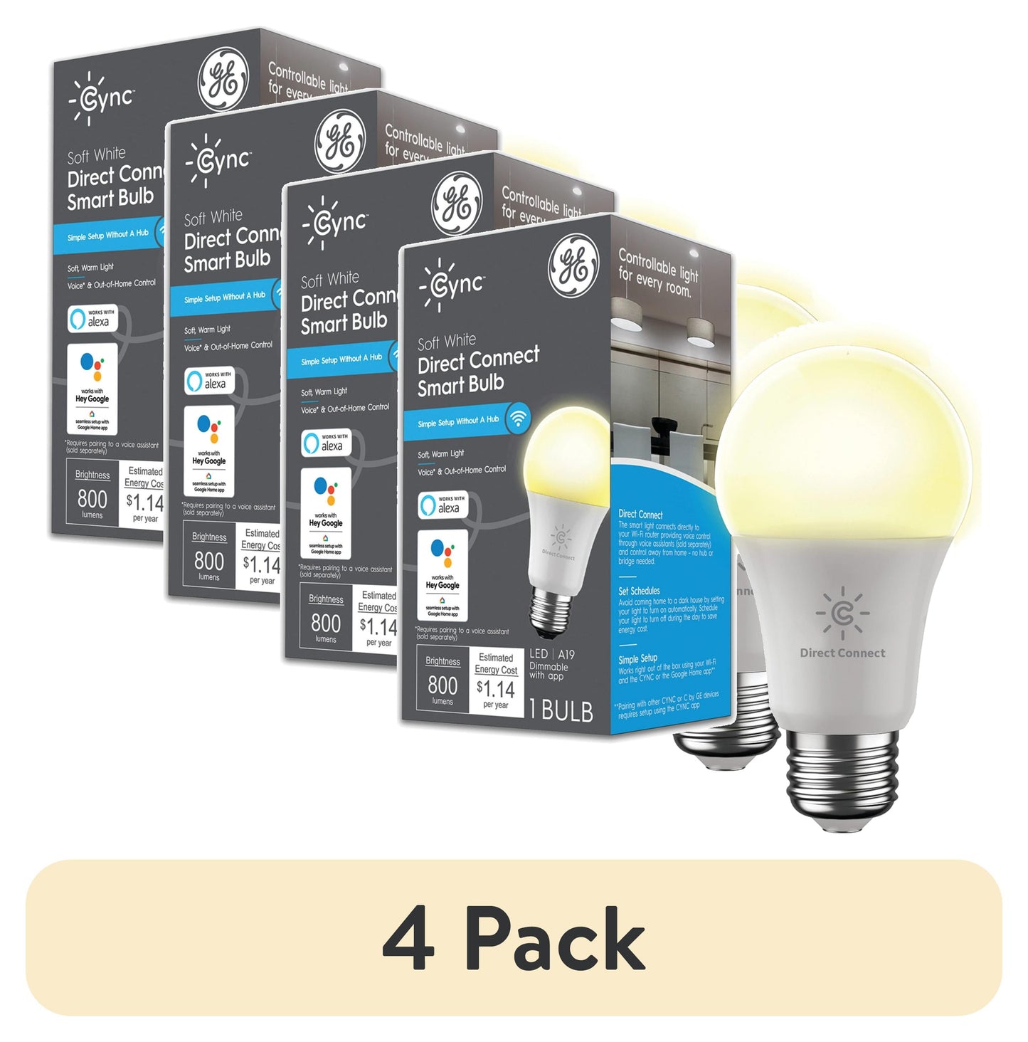 (4 pack) GE Cync A19 Smart LED Light Bulb, Soft White Indoor DÃ©cor Lights, 60 Watts, Medium Base, 1pk