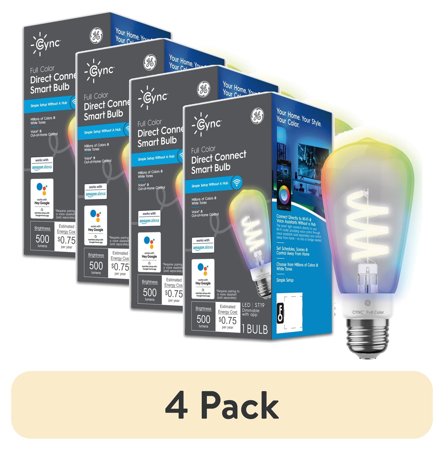 (4 pack) GE Cync ST19 Smart LED Light Bulb, Color Changing WiFi Lights, 60 Watts, Medium Base, 1pk