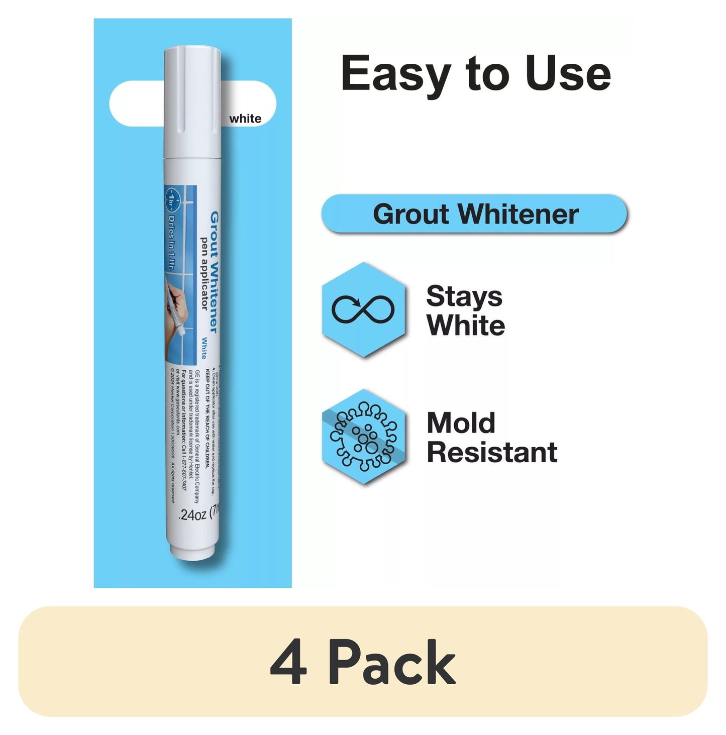 (4 pack) GE Grout Whitener, Pack of 1, White 1  Pen
