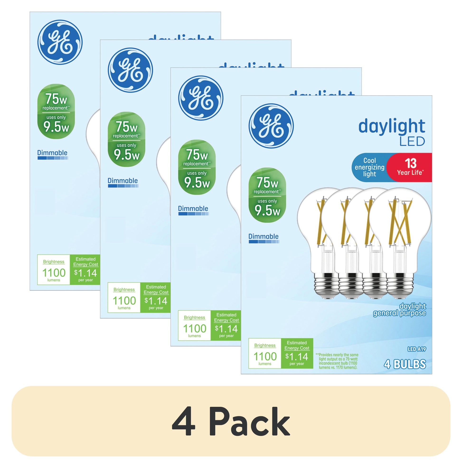 (4 pack) GE LED Light Bulbs, 75 Watt, Daylight, A19 Bulbs, Medium Base, Clear Finish, 13yr, 4pk