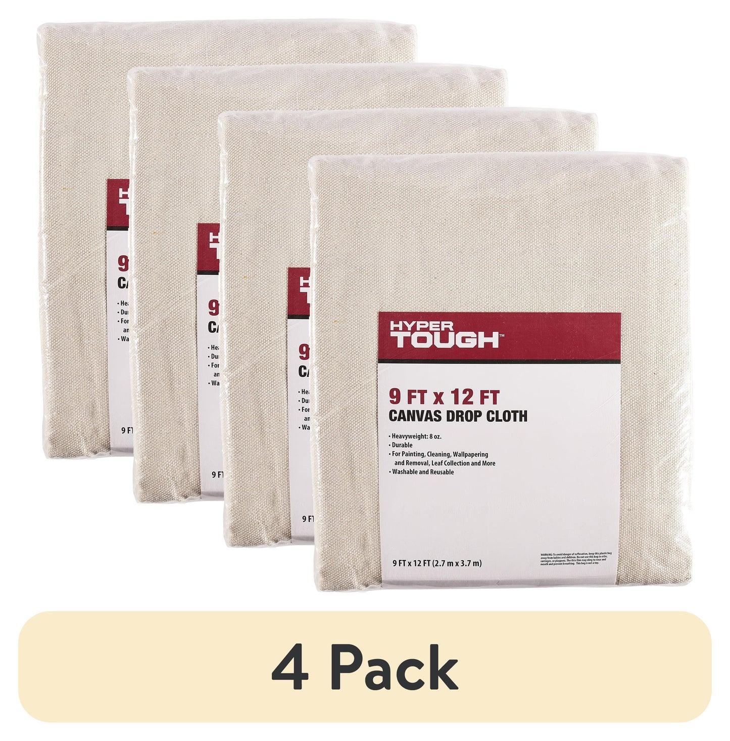 (4 pack) Hyper Tough 9' x 12' Canvas Drop Cloth for Painting and Home Improvement