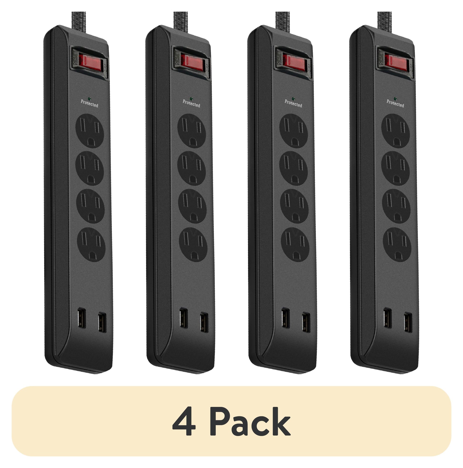 (4 pack) Hyper Tough Surge Protector Power Strip with USB, 4 Outlets, 10 ft Braided Extension Cord, Black