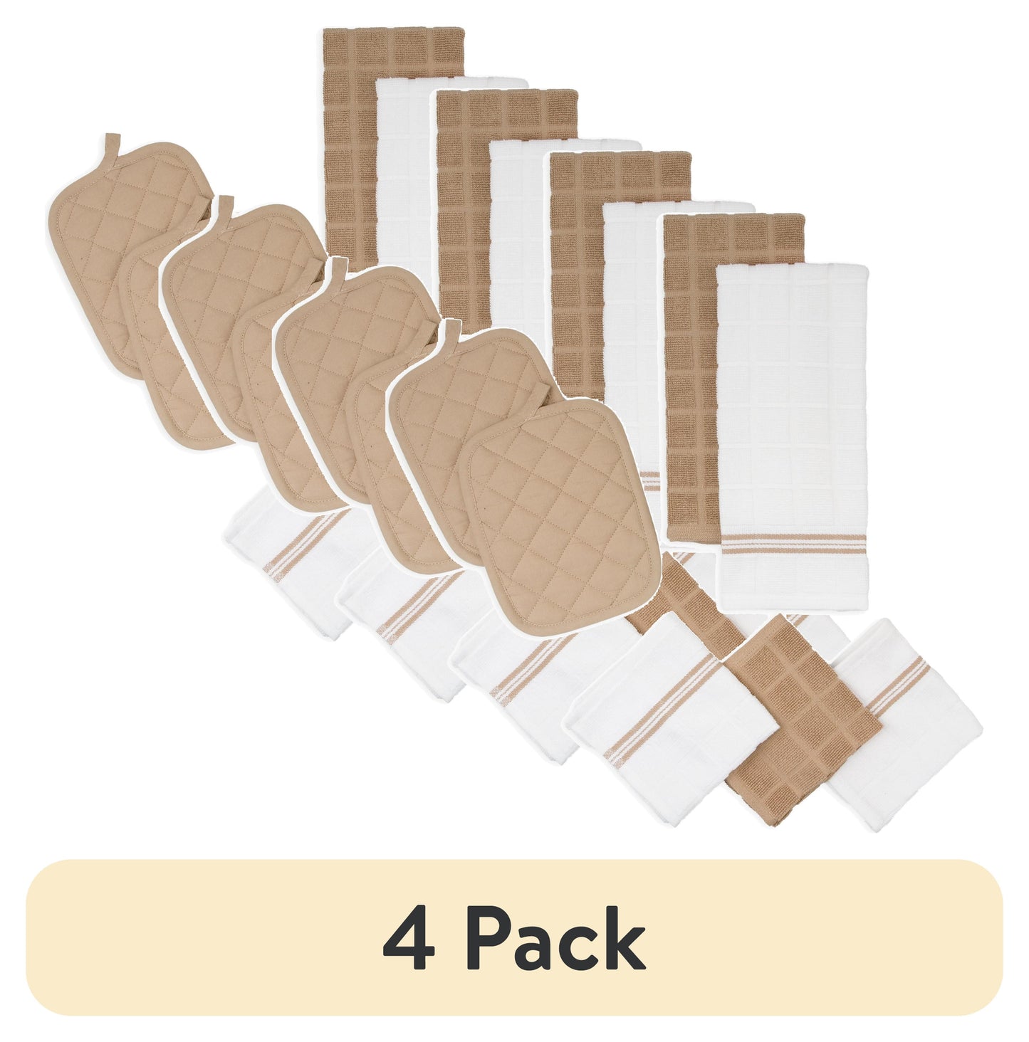 (4 pack) Mainstays 8-Piece Cotton Kitchen Towel, Dishcloth, Oven Mitt, and Pot Holder Set, Brown
