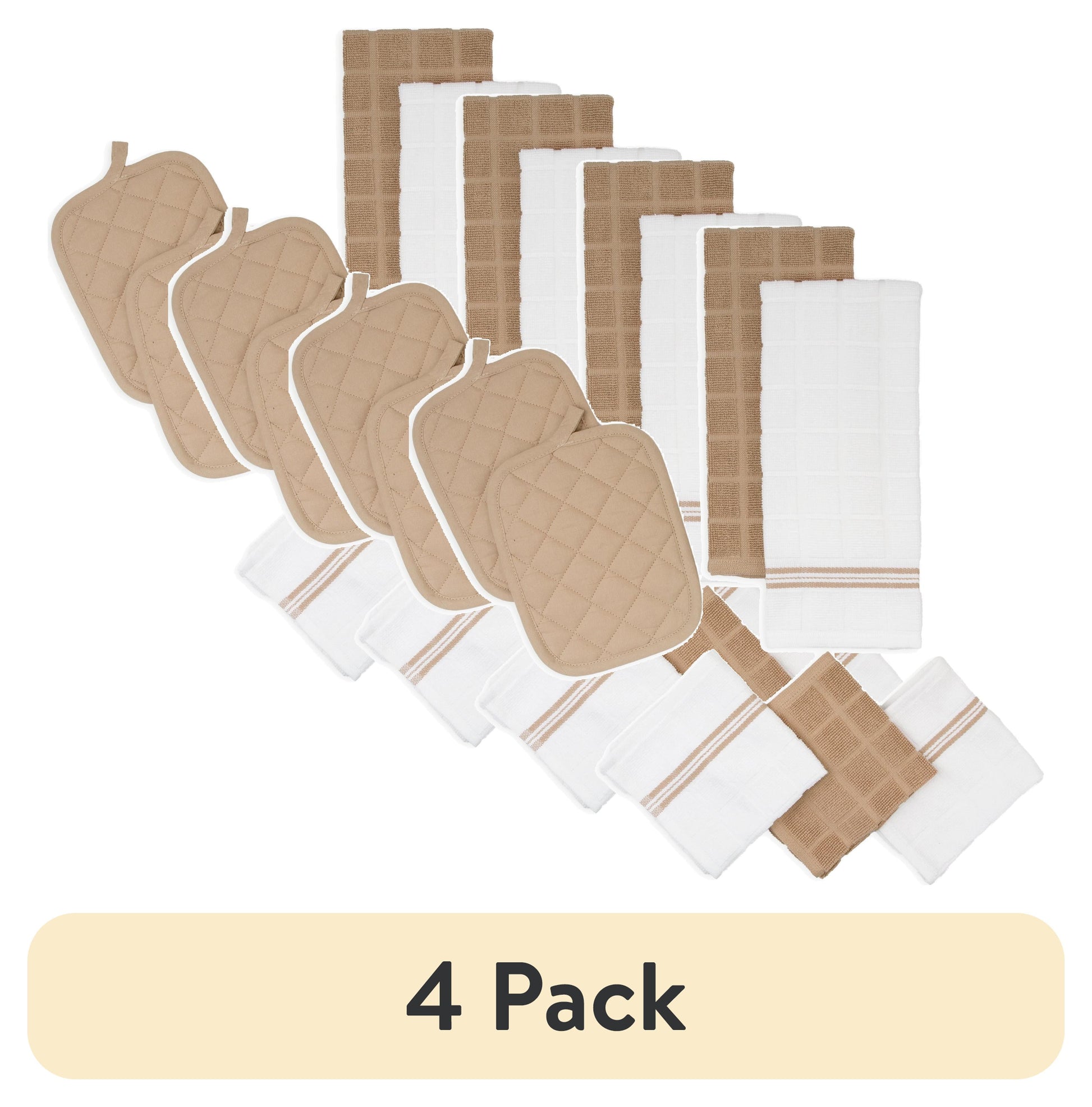 (4 pack) Mainstays 8-Piece Cotton Kitchen Towel, Dishcloth, Oven Mitt, and Pot Holder Set, Brown