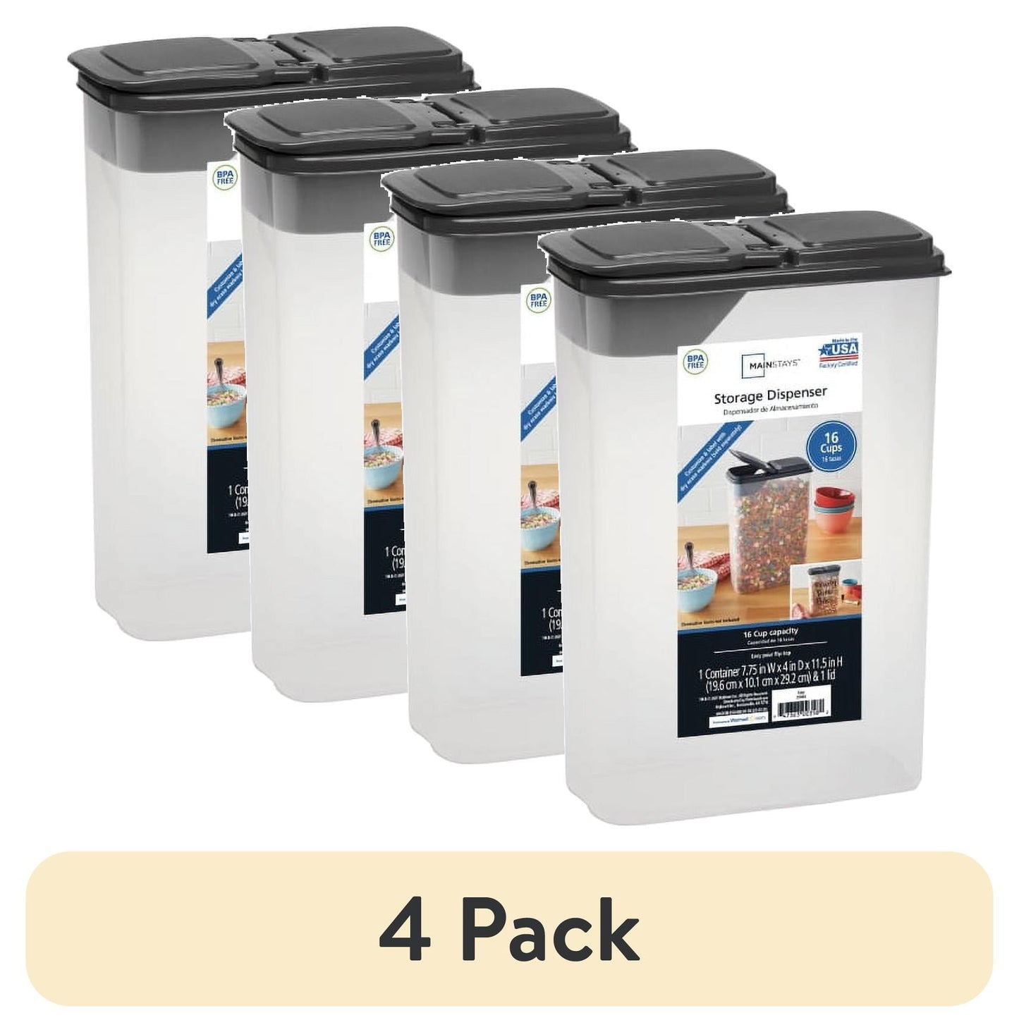 Mainstays Plastic Small Cereal Dispenser, Clear, Gray Lid, 16-Cups, Single, 7.25" x 4" x 11.25", Made for Pantry Organization and Food Storage