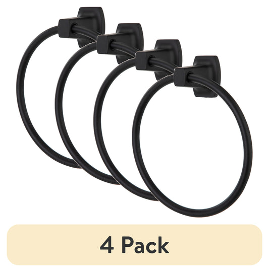 (4 pack) Mainstays Square Wall Mount Towel Ring, Matte Black Finish, 7.1-Inch