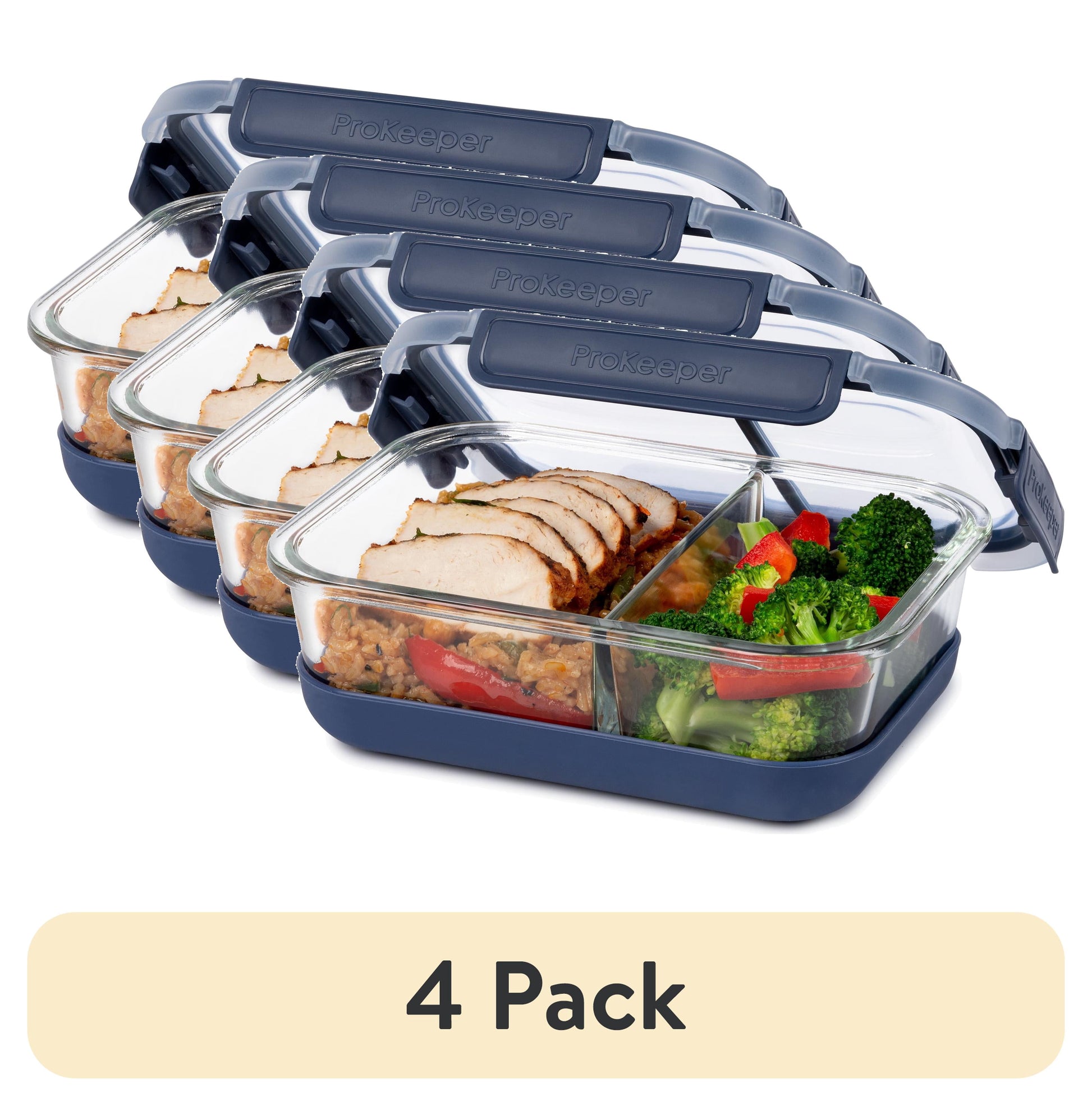 (4 pack) ProKeeper+ Borosilicate Glass Lunch and Salad Storage Container with Silicone Base and Snap-Lock Lid