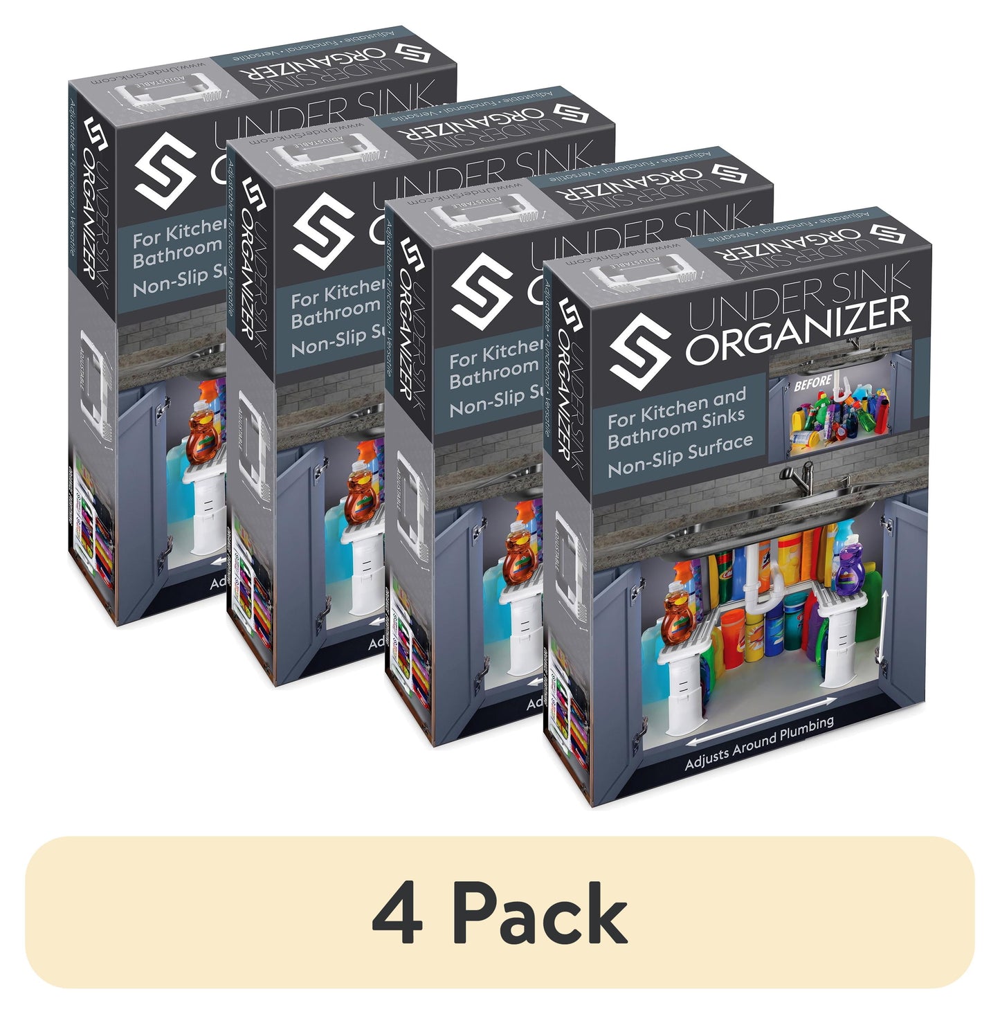 (4 pack) Spicy Shelf - Savvy Shelf Under Sink Storage Organizer, Made for Kitchen Organization and Accessibility