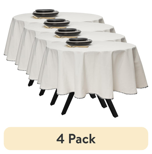 (Paquete de 4) Mantel Redondo de 70", Marfil con Ribete de Pompones Negros