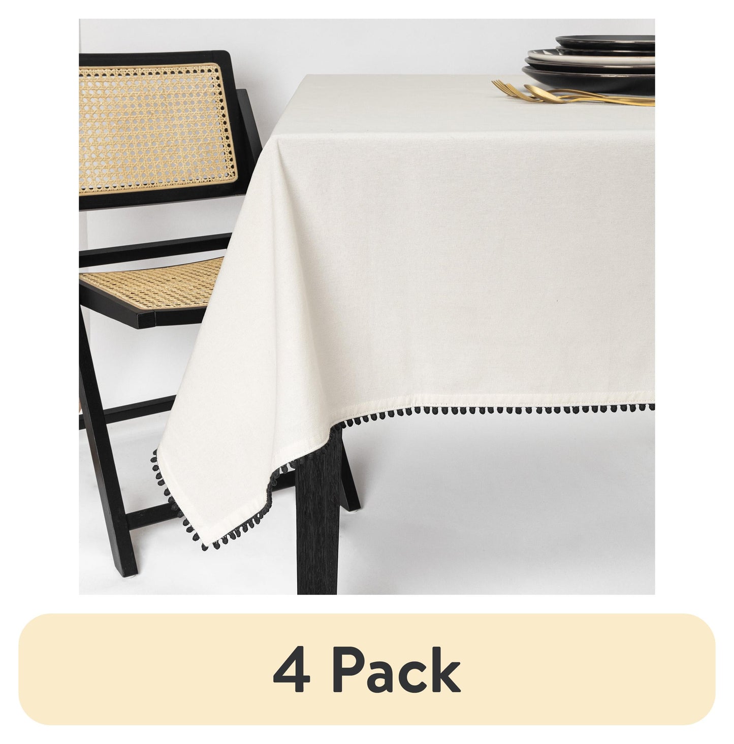 (4 pack) Thyme & Table Mantel Rectangular de 84", Marfil con Ribete de Pompones Negros