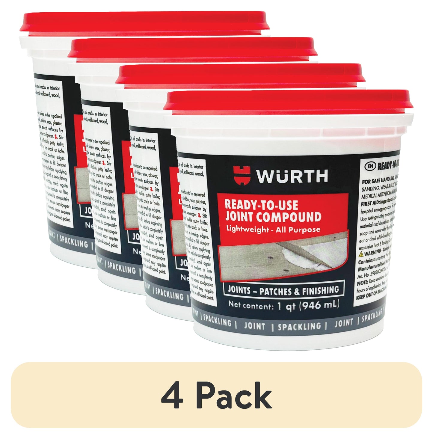 (4 pack) WÃ¼rth Ready-to-Use Lightweight Joint Compound, 32oz (1 Quart), Pre-Mixed