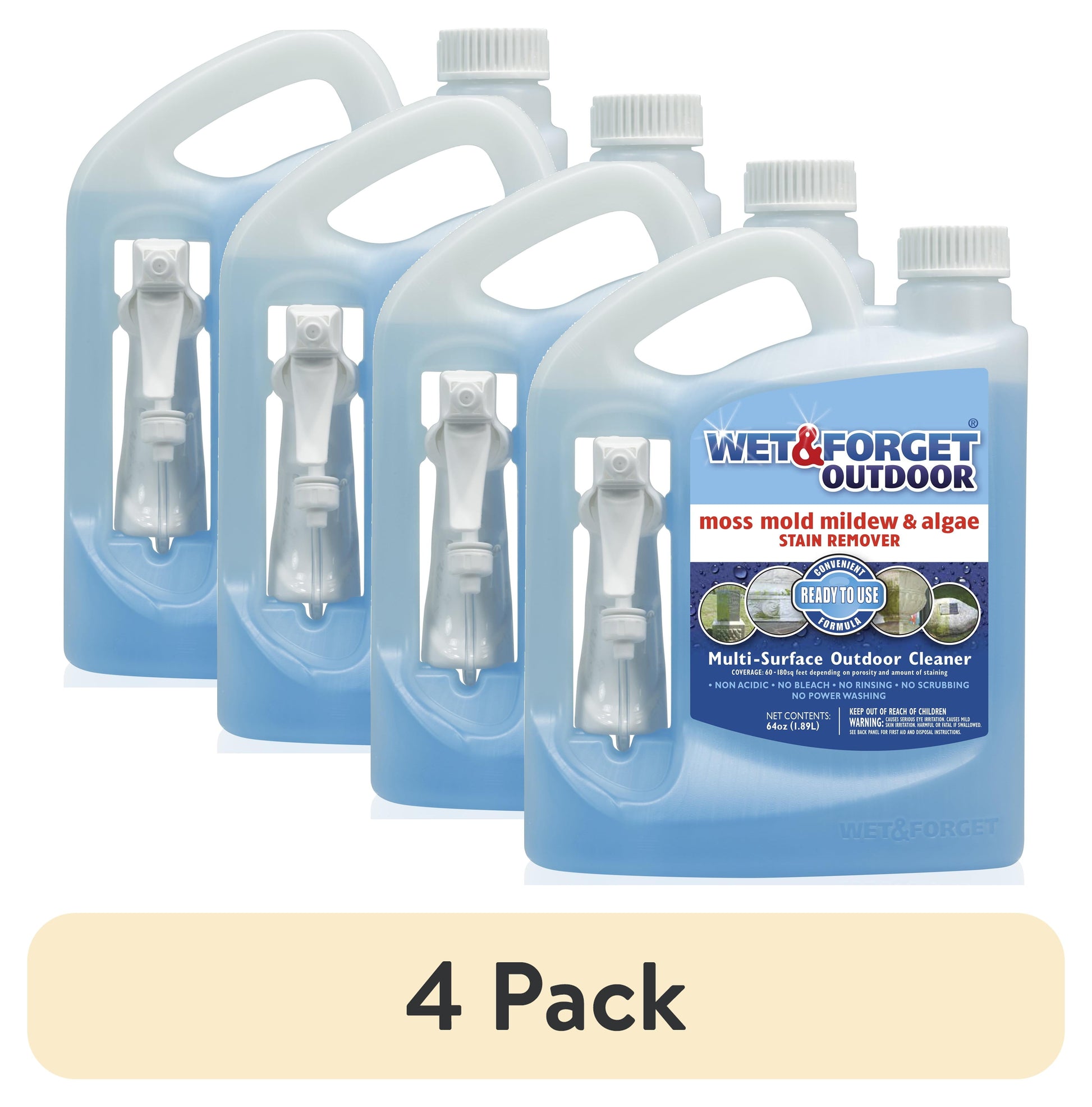 (4 pack) Wet & Forget Spray Quitamanchas para Exteriores de Musgo, Moho, Mildiu y Algas, 64 oz