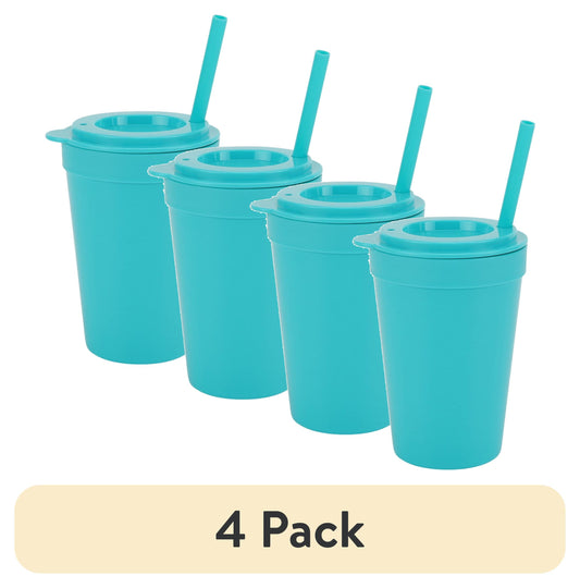 (4 pack) Your Zone 4-Pack Plastic 15-Ounce Capacity Tumbler Set with Lid and Straw, Multi-Colored