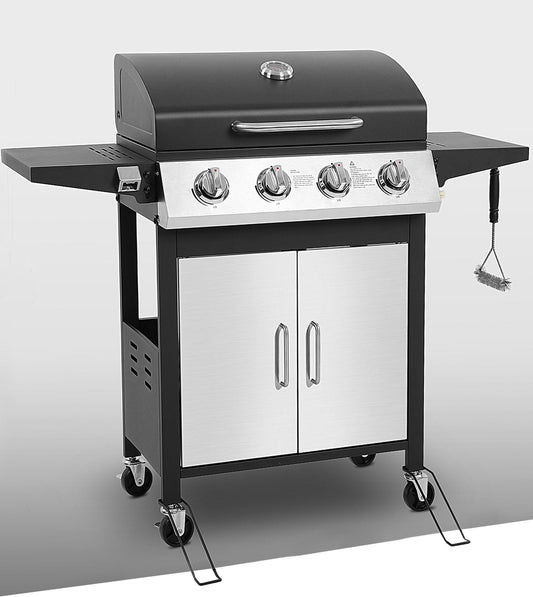 40,000BTU Grill w/Brush, 4-Burner Propane Gas Grill Stainless Steel, Outdoor Camping BBQ Grill on Wheels Portable for Patio Poolside RV